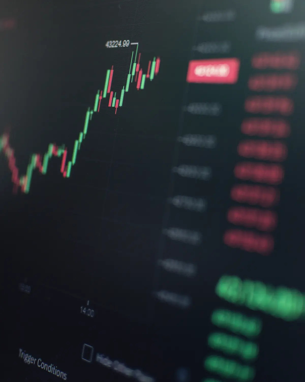 A candlestick price chart glowing on a monitor in a dark room