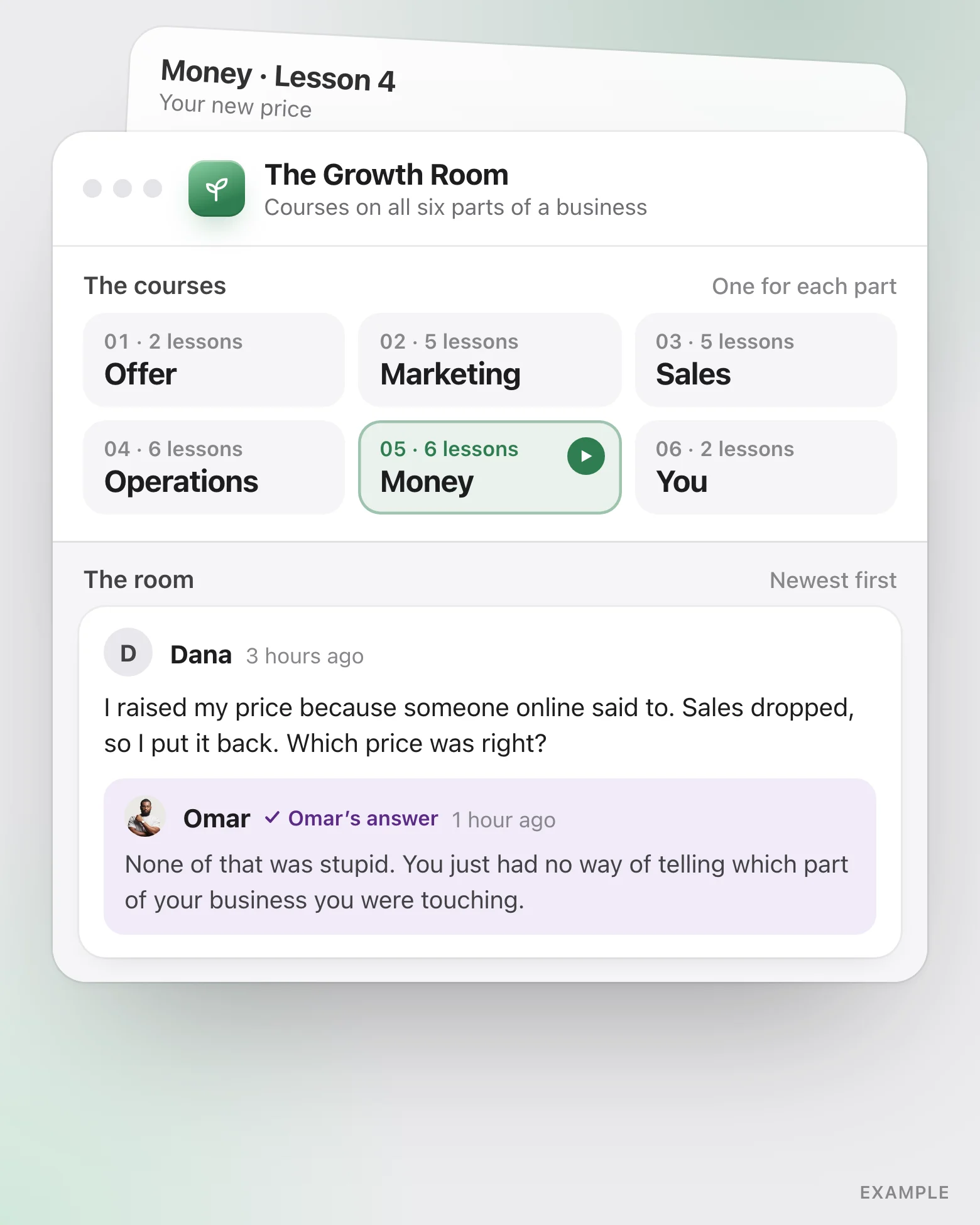 Inside the Growth Room: a course for each of the six parts, Offer, Marketing, Sales, Operations, Money and You, with their lessons, and below them the room, where a member asks which price was right and Omar answers