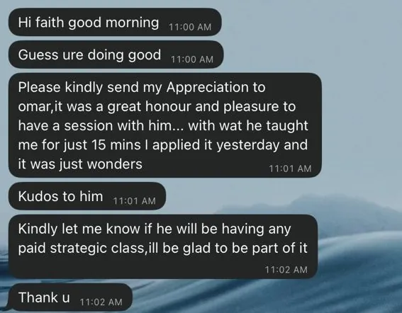 Messages the morning after a session, thanking Omar for fifteen minutes that worked wonders and asking about a paid class